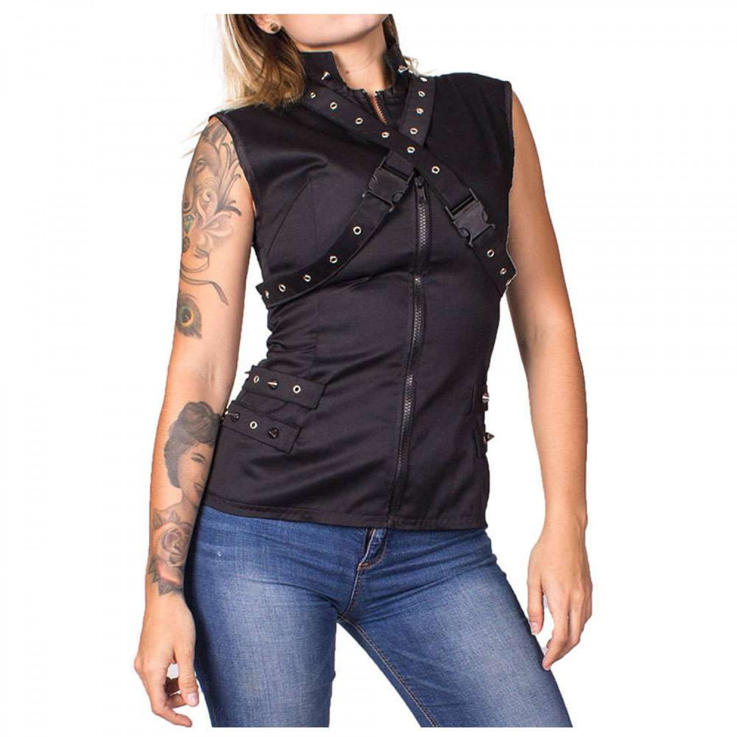 Women’s Gothic Motorcycle Vest | Black Punk Biker Jacket with Straps Women’s Gothic Motorcycle Vest | Black Punk Biker Jacket with Straps, Spikes, and Eyelets